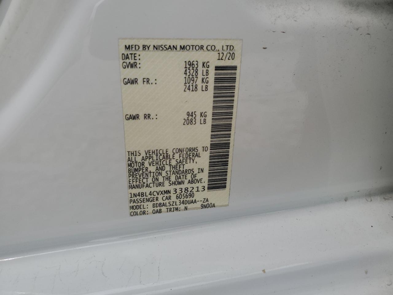 2021 Nissan Altima Sr VIN: 1N4BL4CVXMN338213 Lot: 54443165