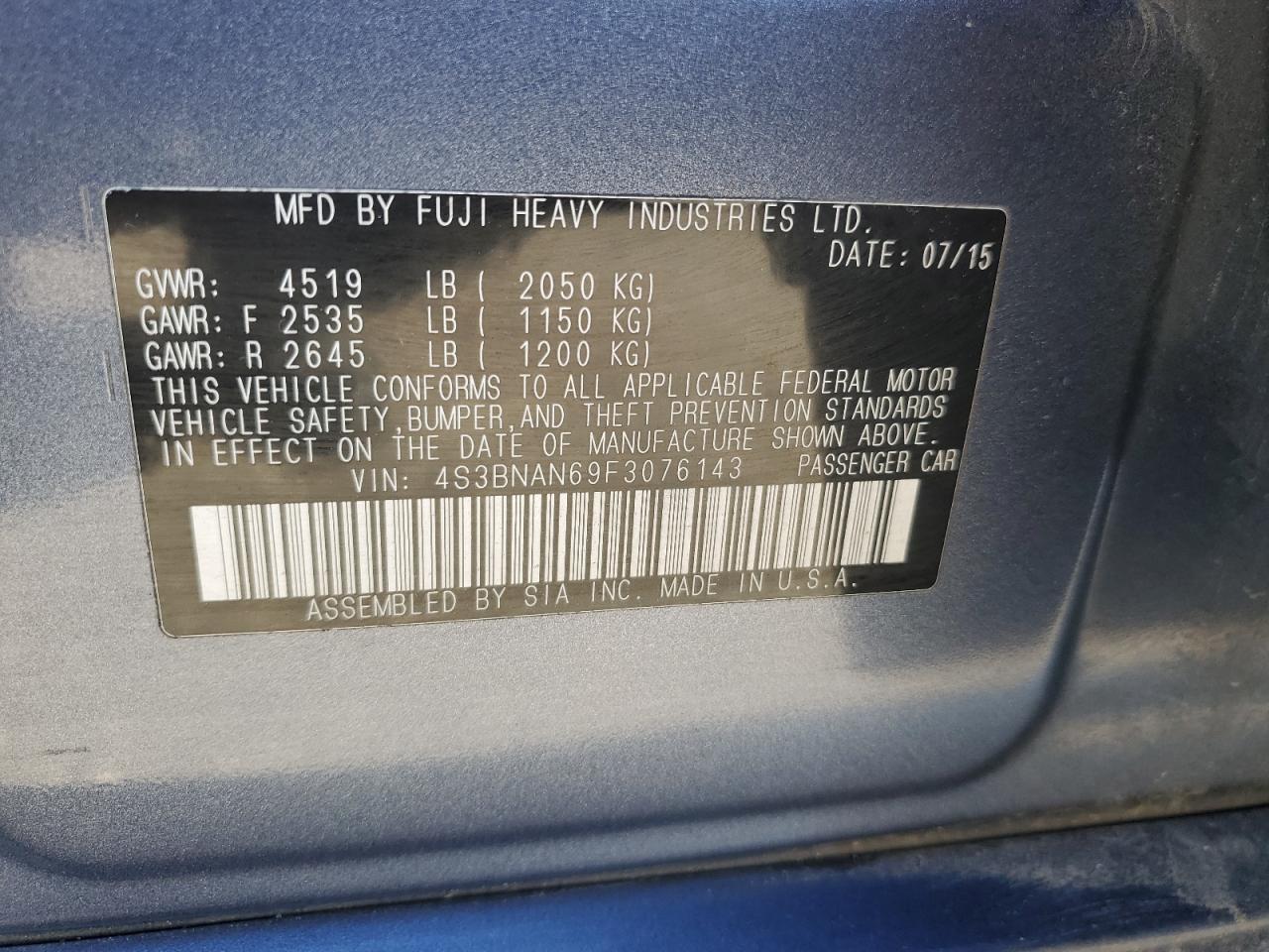 2015 Subaru Legacy 2.5I Limited VIN: 4S3BNAN69F3076143 Lot: 51497185