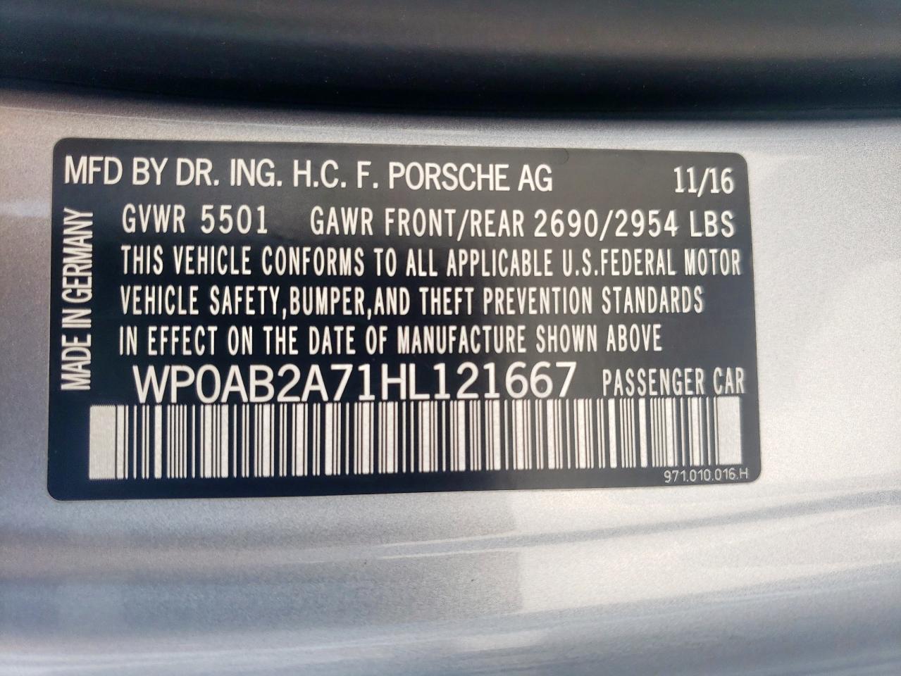2017 Porsche Panamera 4S VIN: WP0AB2A71HL121667 Lot: 54331635