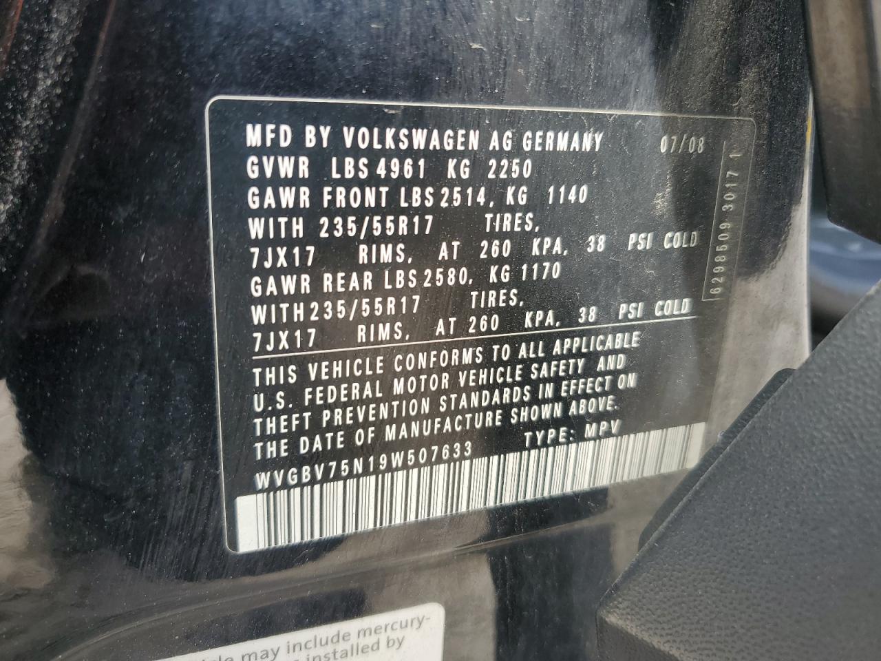 2009 Volkswagen Tiguan Se VIN: WVGBV75N19W507633 Lot: 53278435