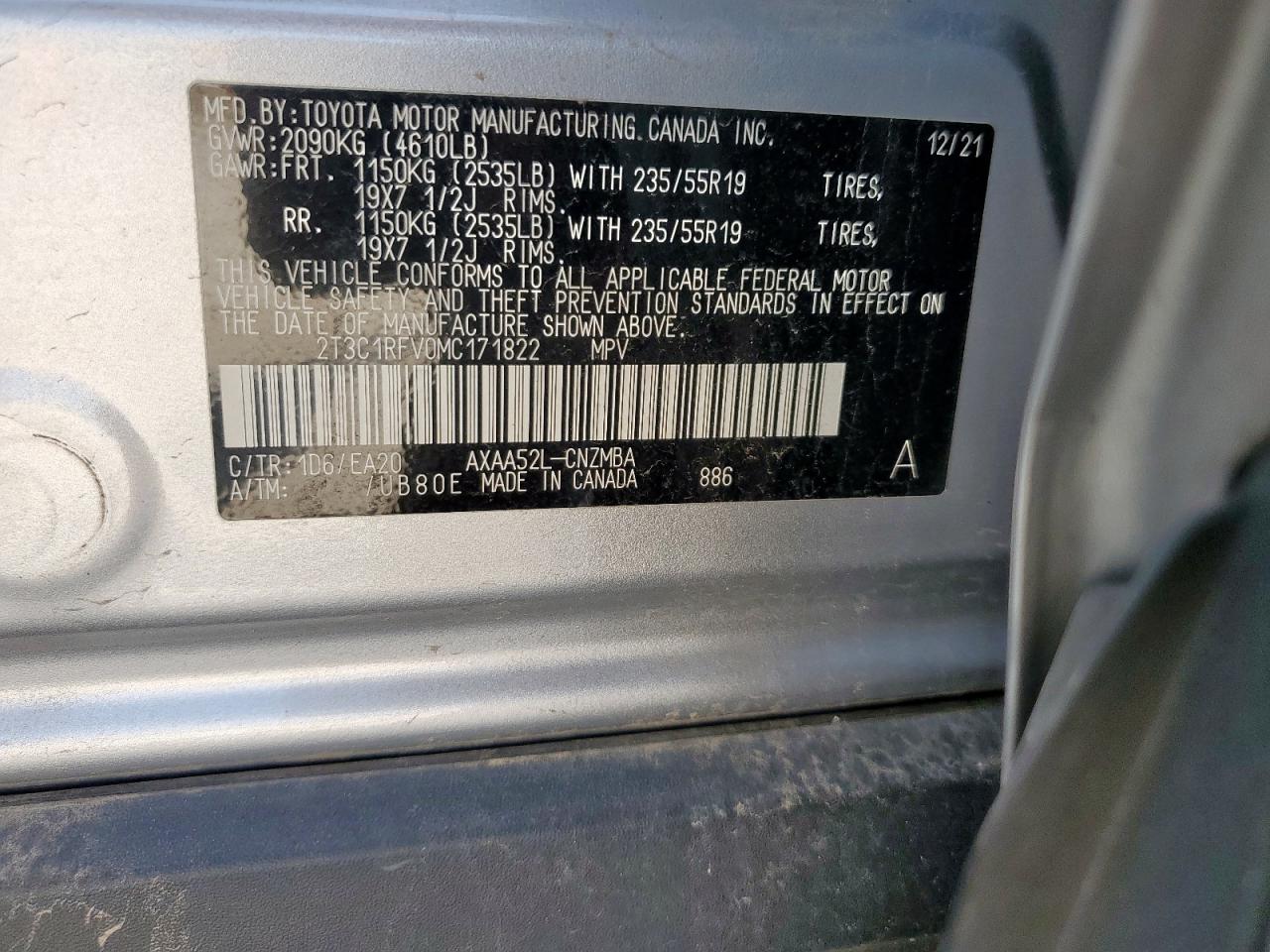 2021 Toyota Rav4 Xle Premium VIN: 2T3C1RFV0MC171822 Lot: 54549935