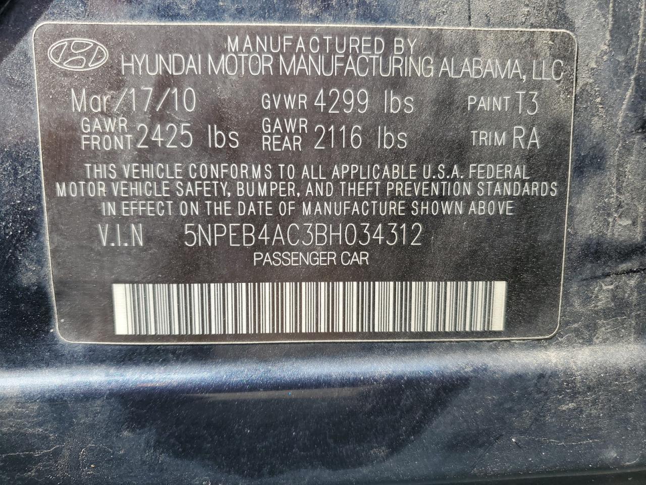2011 Hyundai Sonata Gls VIN: 5NPEB4AC3BH034312 Lot: 54665295