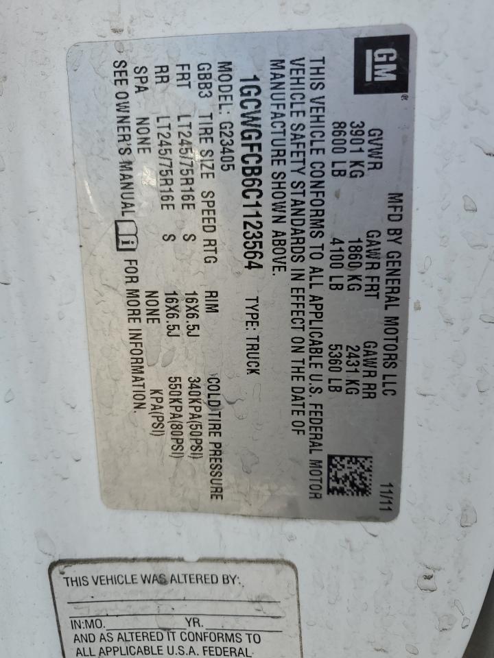 2012 Chevrolet Express G2500 VIN: 1GCWGFCB6C1123564 Lot: 54087925