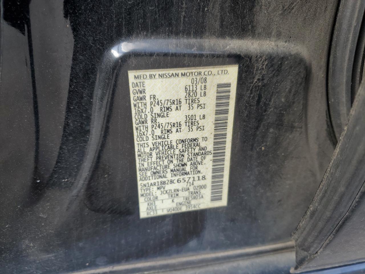 2008 Nissan Pathfinder S VIN: 5N1AR18B28C657118 Lot: 52182545