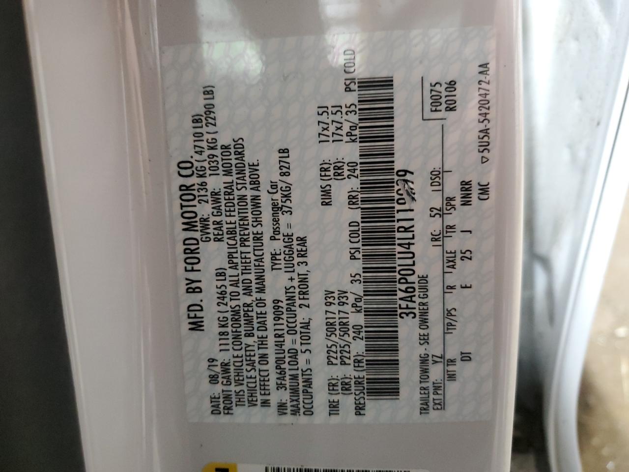 2020 Ford Fusion Se VIN: 3FA6P0LU4LR119099 Lot: 54026615