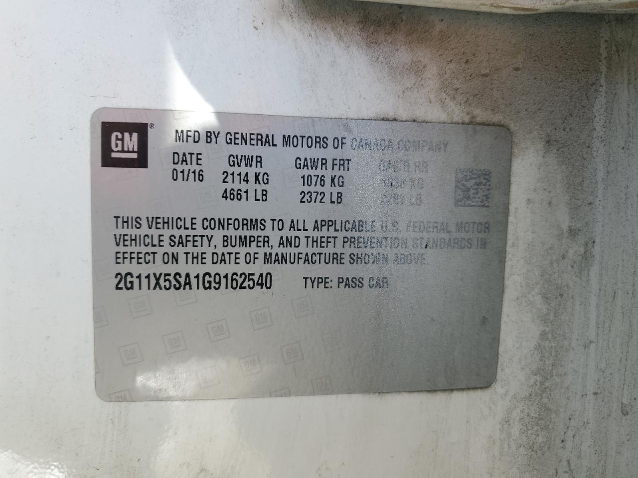 2016 Chevrolet Impala Ls VIN: 2G11X5SA1G9162540 Lot: 53126065
