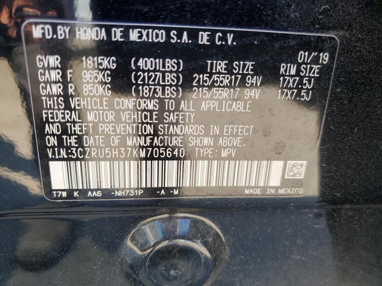 2019 Honda Hr-V Lx VIN: 3CZRU5H37KM705640 Lot: 53279935