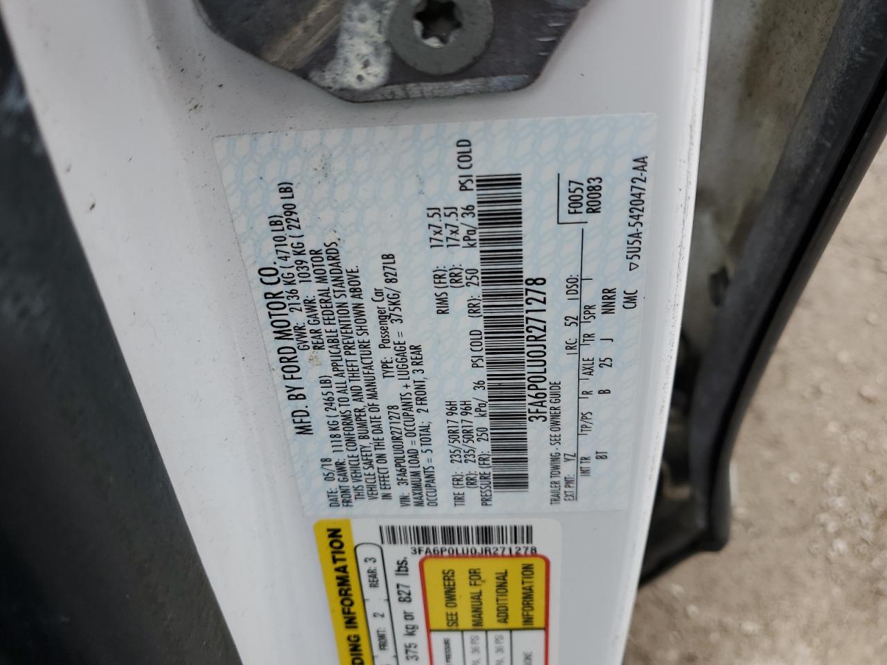 2018 Ford Fusion Se Hybrid VIN: 3FA6P0LU0JR271278 Lot: 54032945