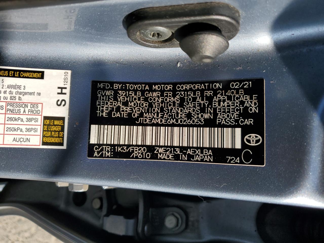 2021 Toyota Corolla Le VIN: JTDEAMDE6MJ026053 Lot: 55127535