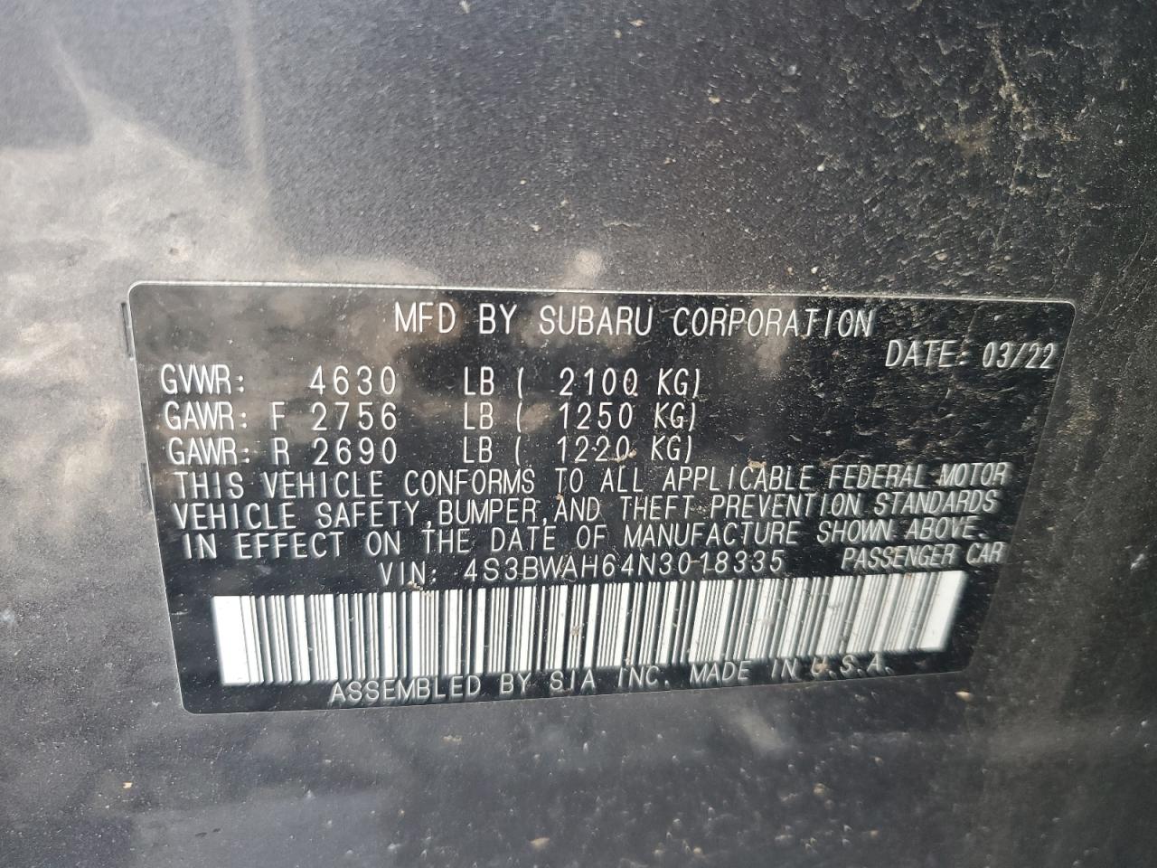 2022 Subaru Legacy Sport VIN: 4S3BWAH64N3018335 Lot: 52951095