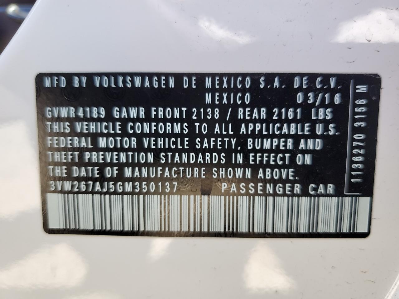 2016 Volkswagen Jetta S VIN: 3VW267AJ5GM350137 Lot: 52783835