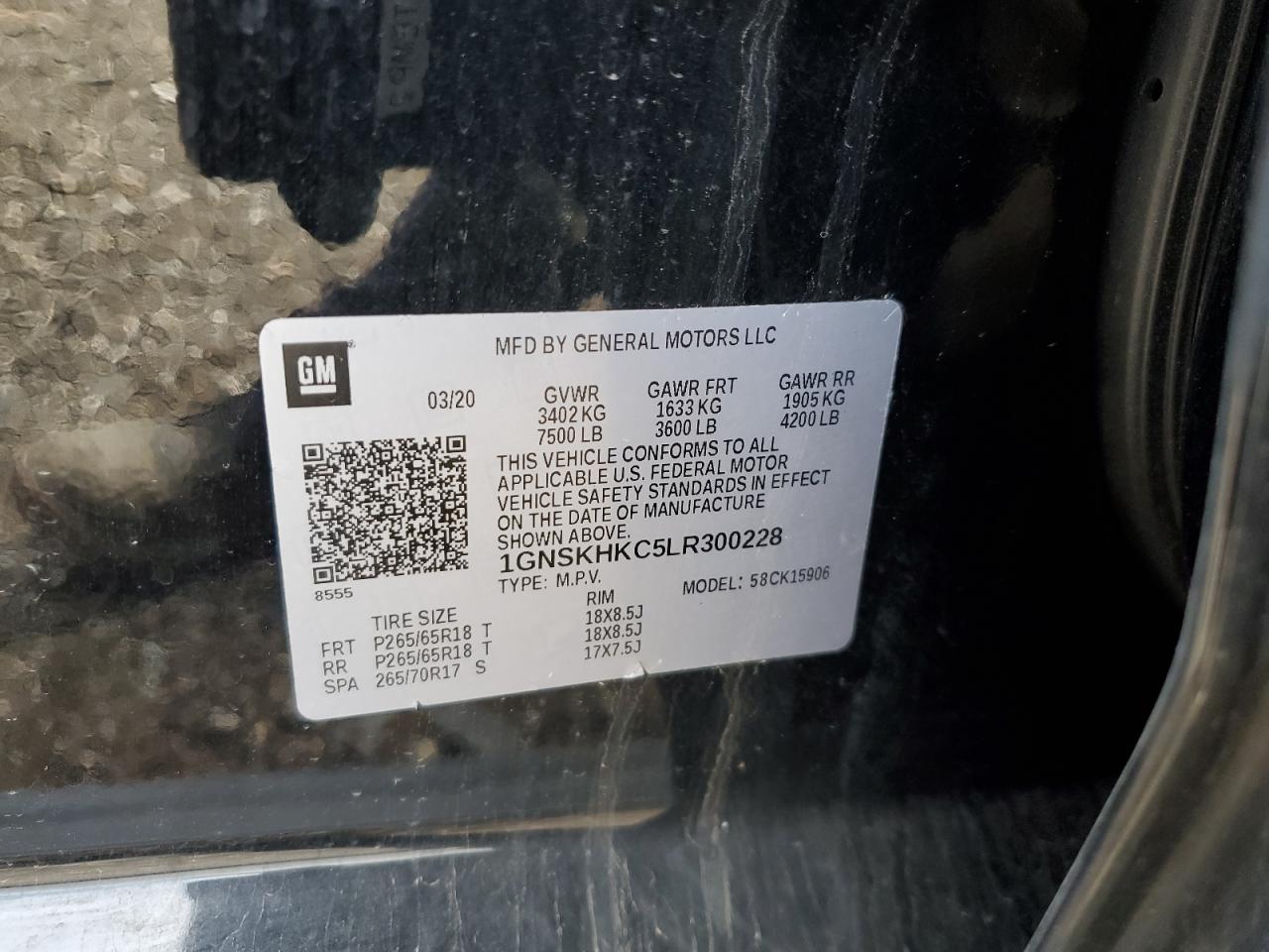 2020 Chevrolet Suburban K1500 Lt VIN: 1GNSKHKC5LR300228 Lot: 53144095