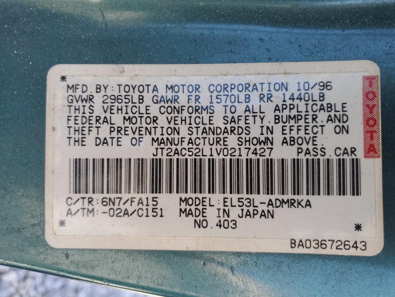 TOYOTA TERCEL 1997 VIN JT2AC52L1V0217427 фото 12