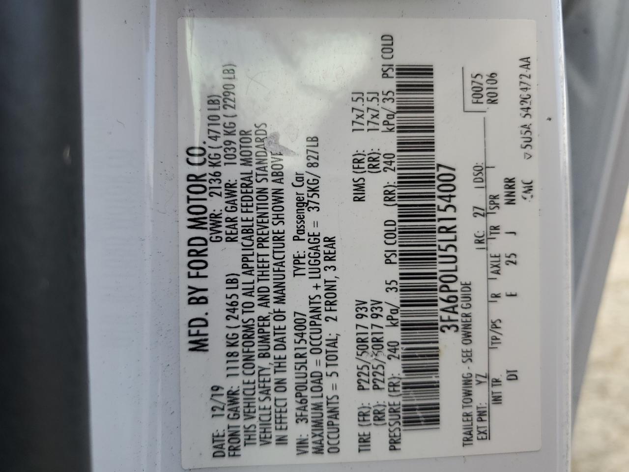 2020 Ford Fusion Se VIN: 3FA6P0LU5LR154007 Lot: 53574815