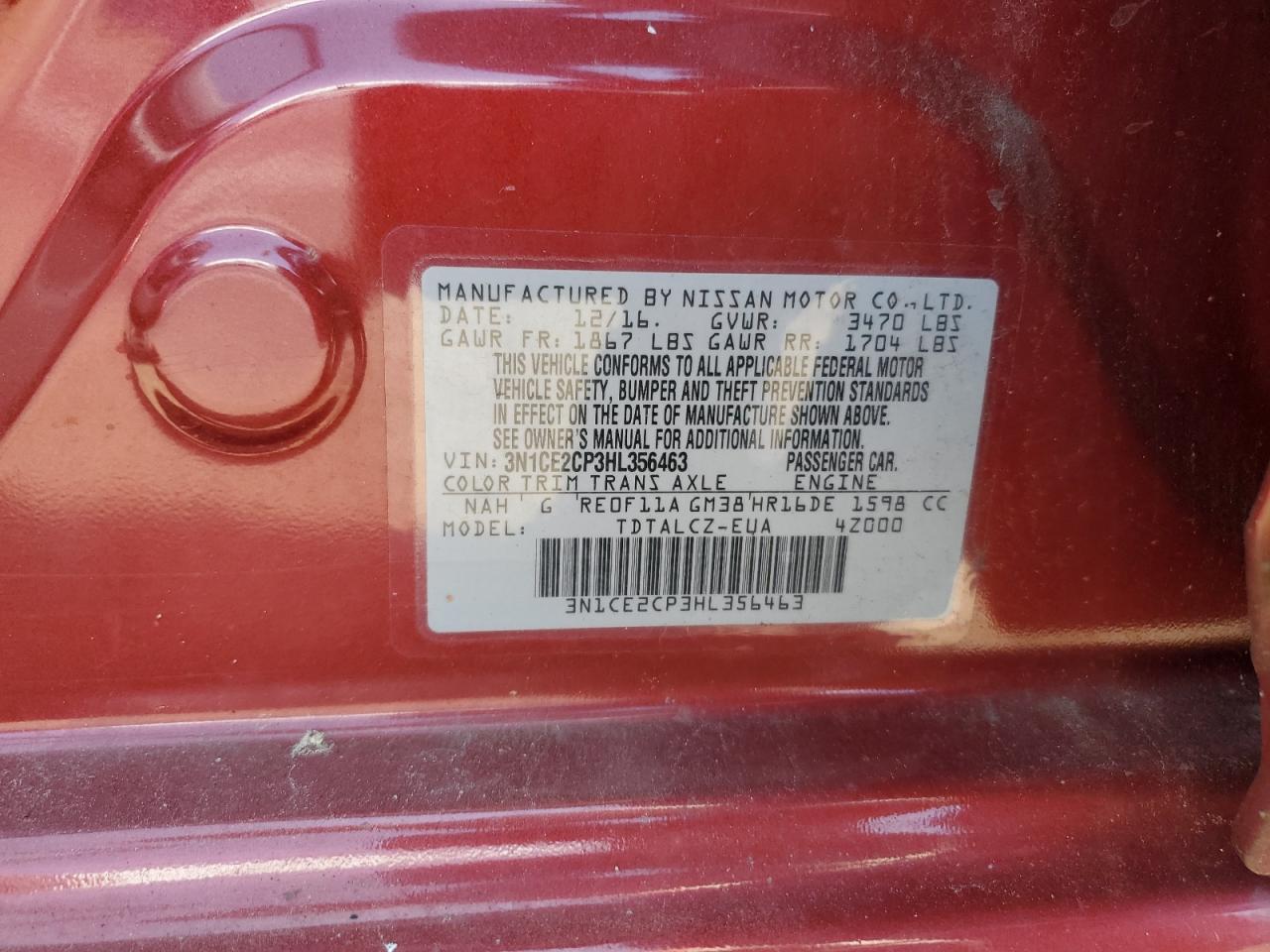 2017 Nissan Versa Note S VIN: 3N1CE2CP3HL356463 Lot: 54584615