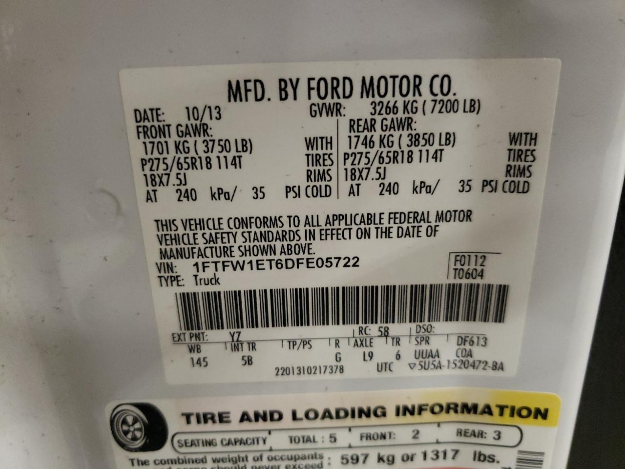 2013 Ford F150 Supercrew VIN: 1FTFW1ET6DFE05722 Lot: 52712005