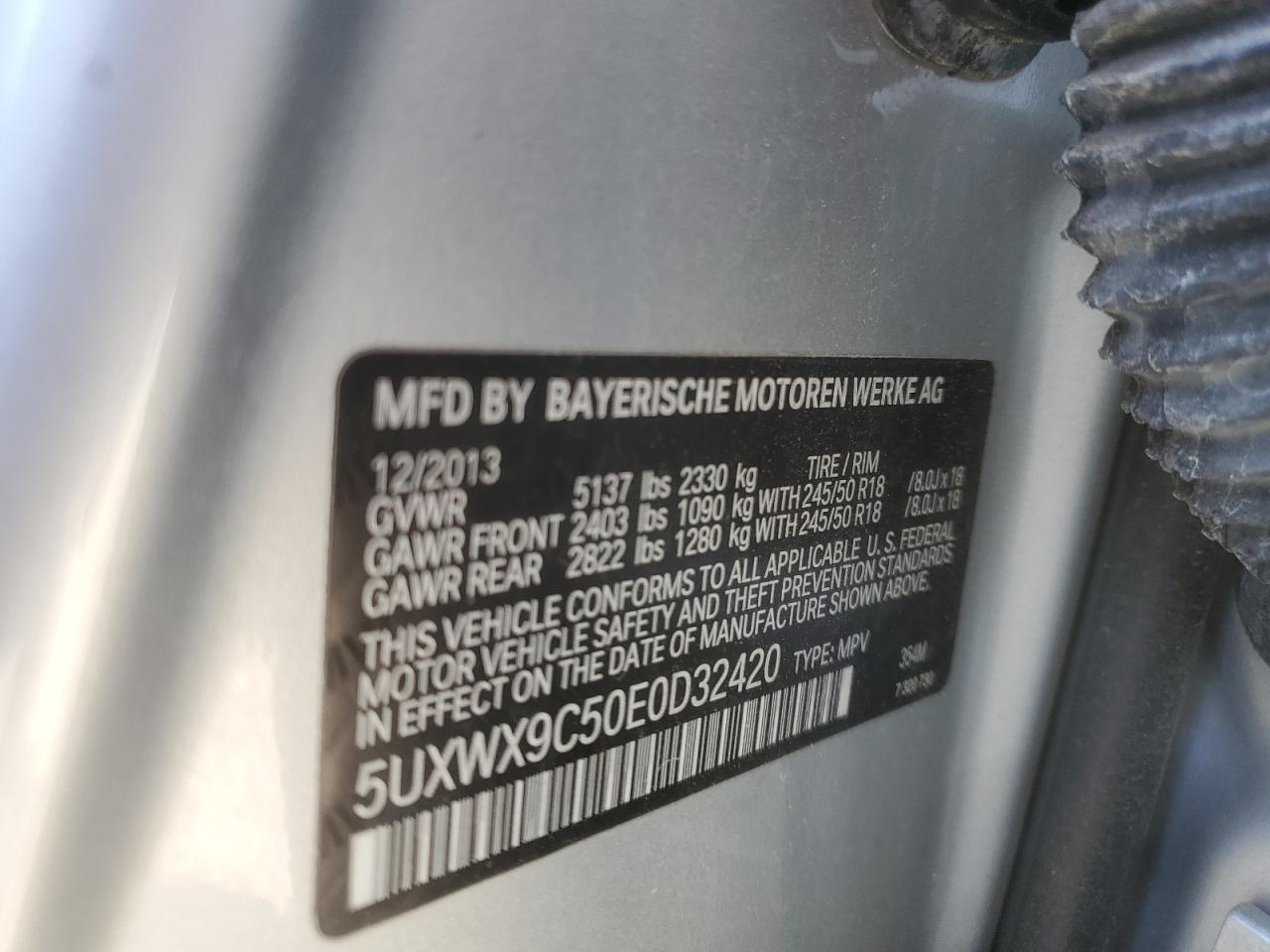 2014 BMW X3 xDrive28I VIN: 5UXWX9C50E0D32420 Lot: 51930435