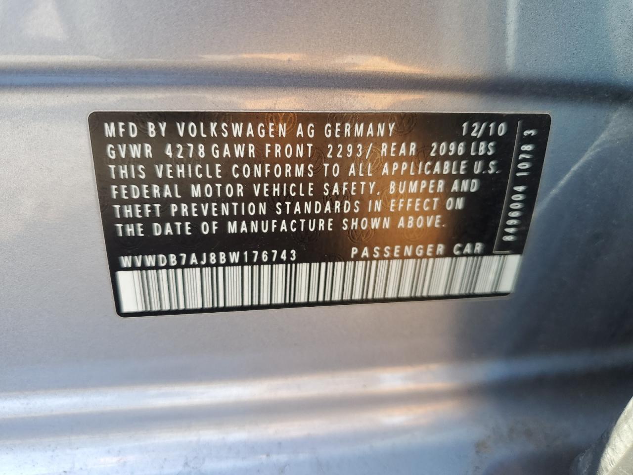 2011 Volkswagen Golf VIN: WVWDB7AJ8BW176743 Lot: 54946805
