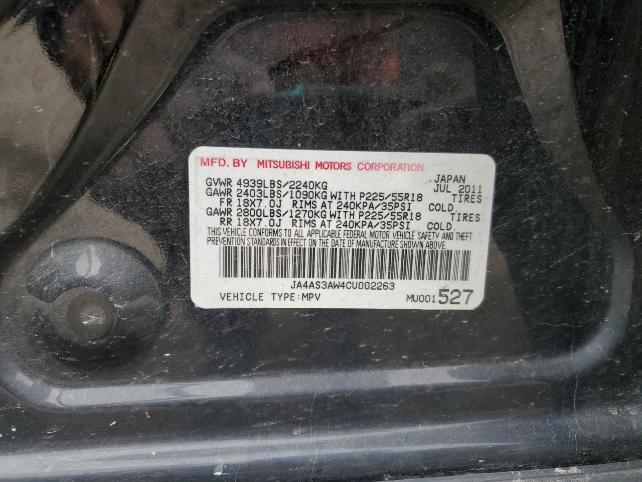 2012 Mitsubishi Outlander Se VIN: JA4AS3AW4CU002263 Lot: 53696125