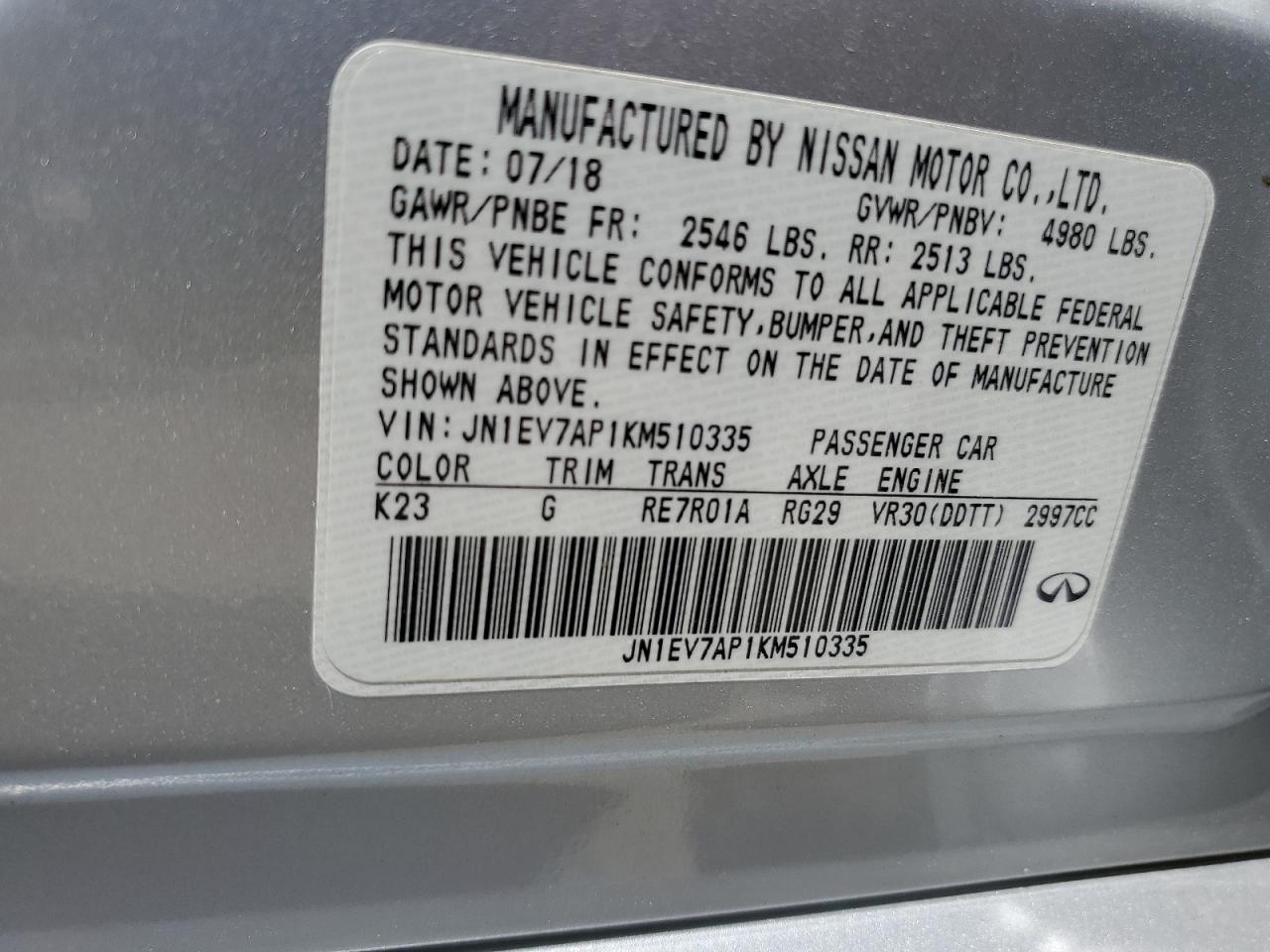 2019 Infiniti Q50 Luxe VIN: JN1EV7AP1KM510335 Lot: 52957565