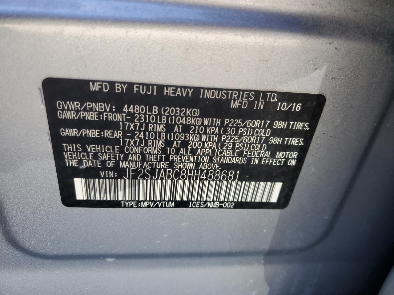 2017 Subaru Forester 2.5I VIN: JF2SJABC8HH488681 Lot: 52220455