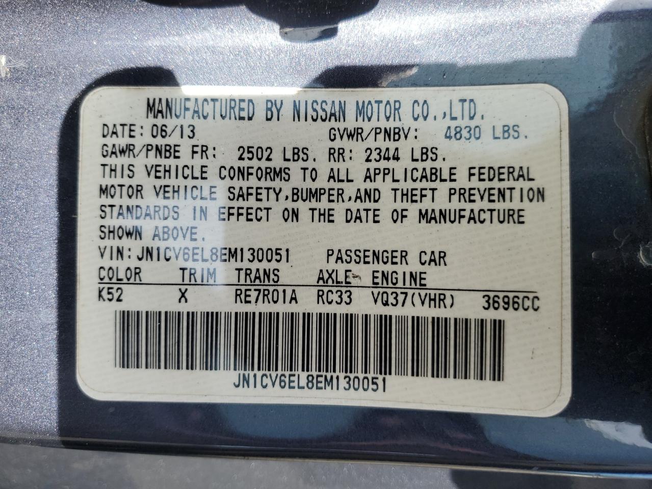 2014 Infiniti Q60 Journey VIN: JN1CV6EL8EM130051 Lot: 54988325