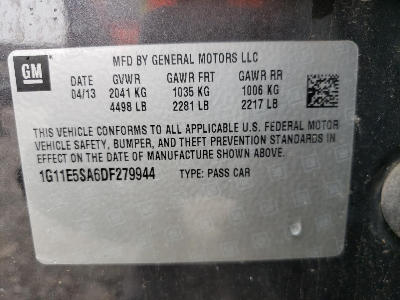 2013 Chevrolet Malibu 2Lt VIN: 1G11E5SA6DF279944 Lot: 51674985