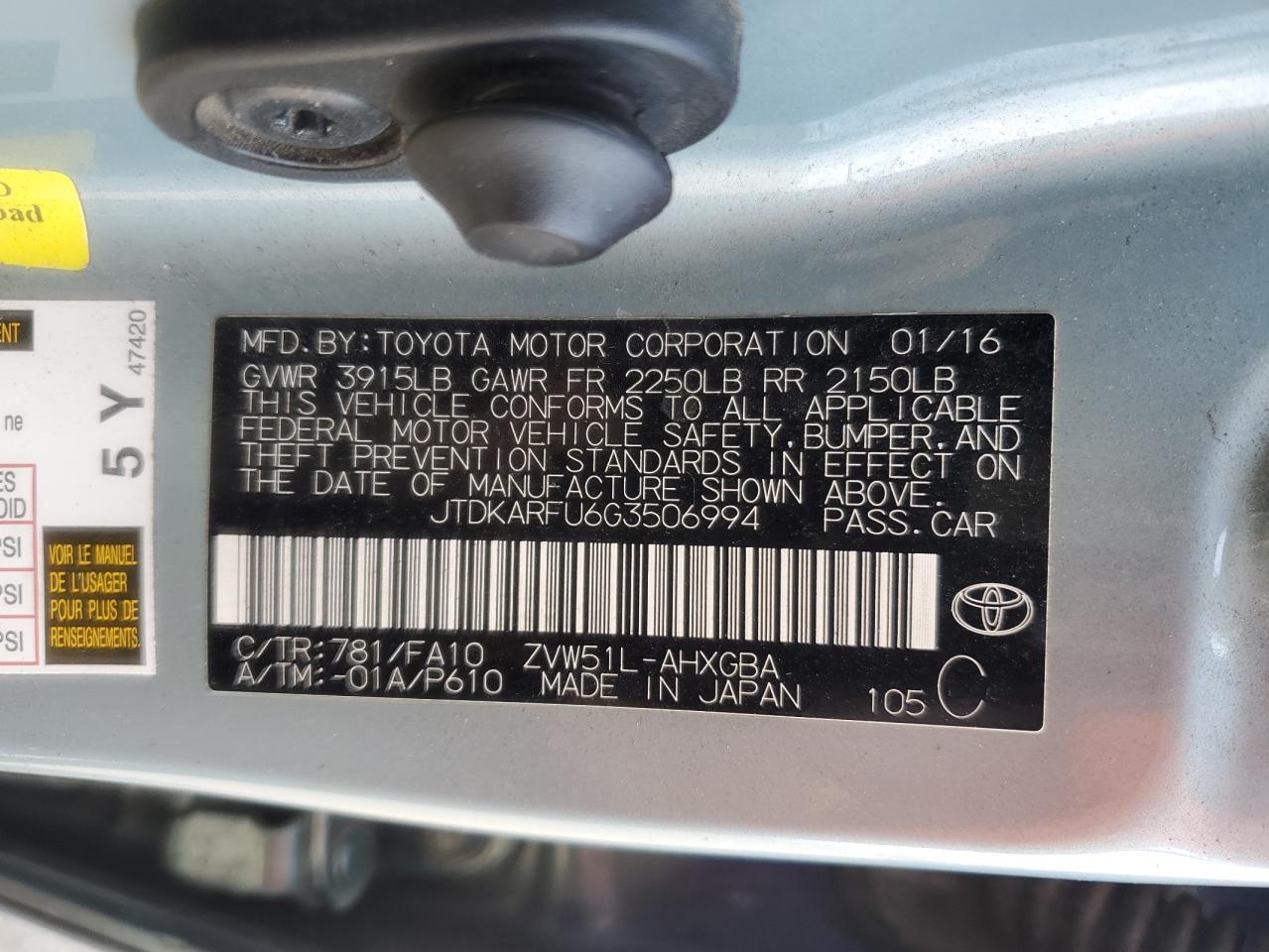 2016 Toyota Prius VIN: JTDKARFU6G3506994 Lot: 54508985