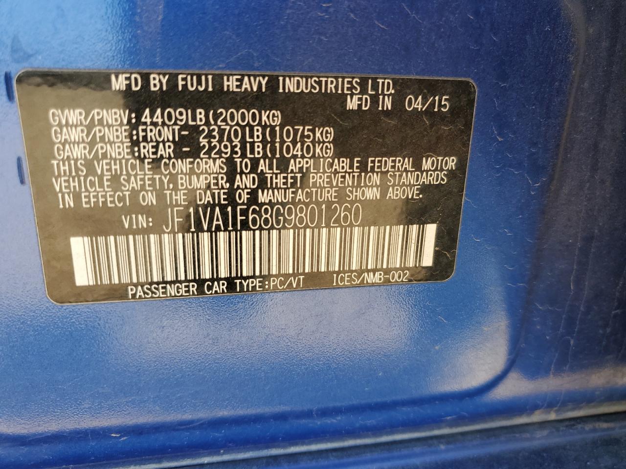 2016 Subaru Wrx Premium VIN: JF1VA1F68G9801260 Lot: 52434735