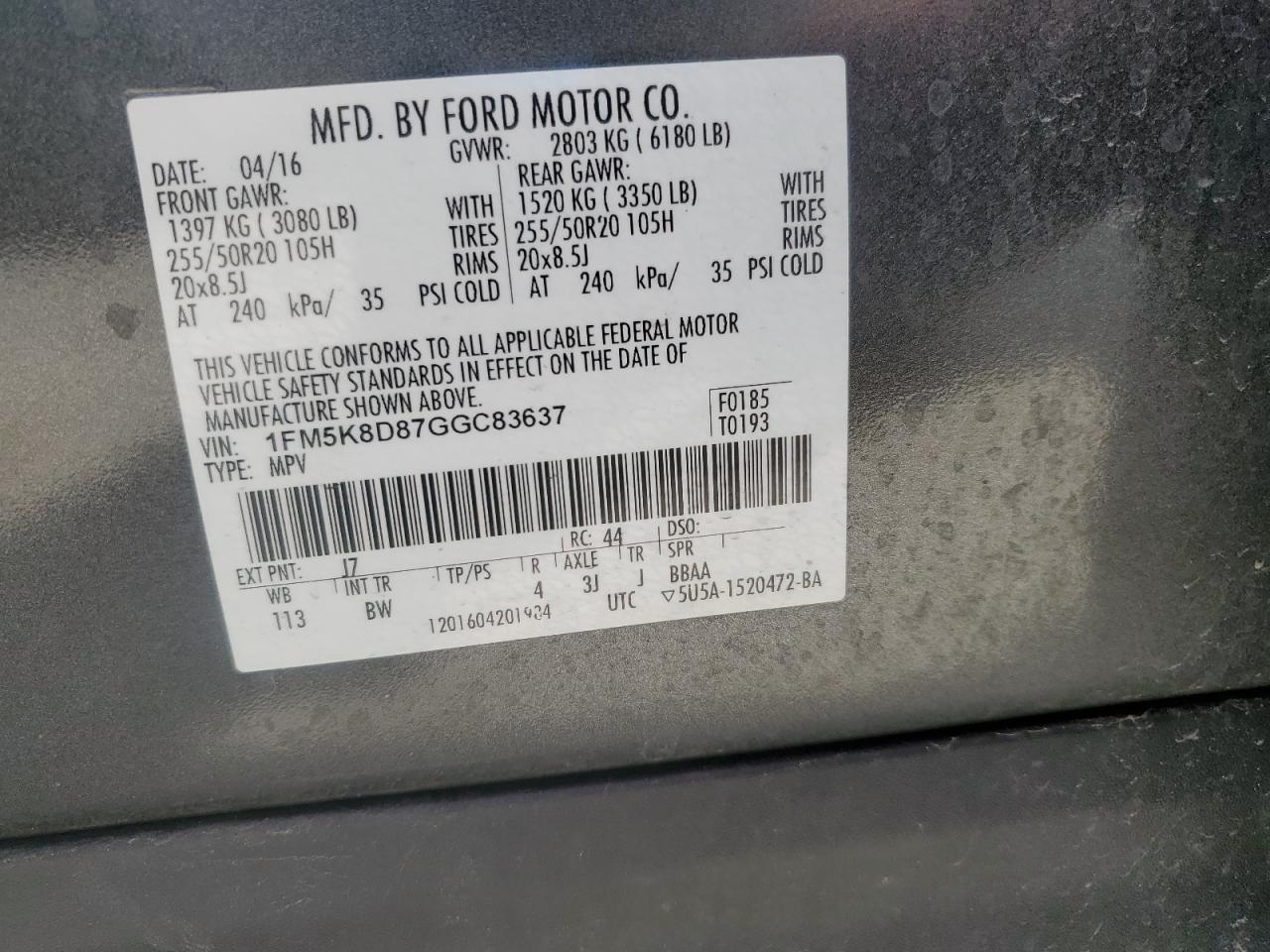 2016 Ford Explorer Xlt VIN: 1FM5K8D87GGC83637 Lot: 54539265