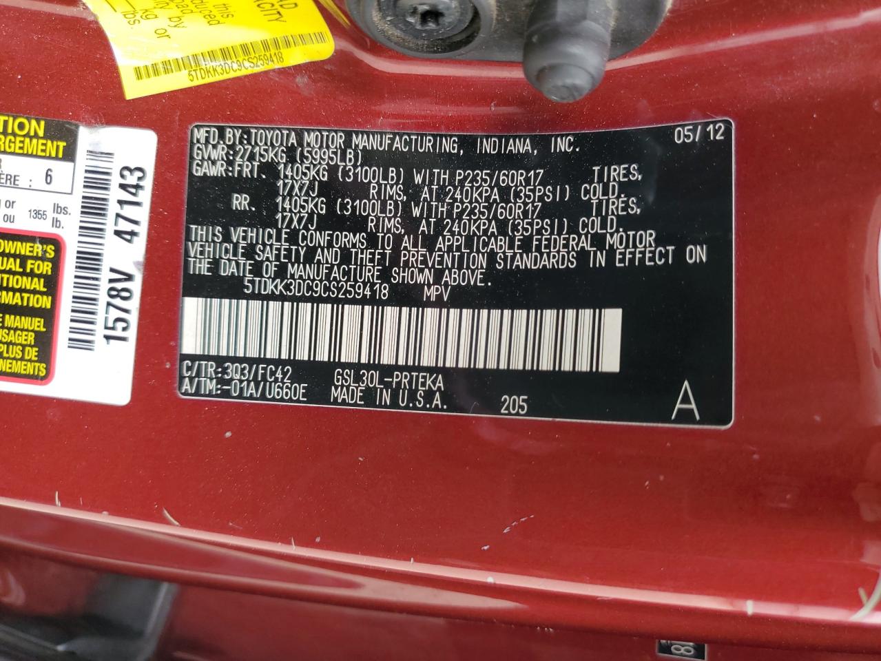 2012 Toyota Sienna Le VIN: 5TDKK3DC9CS259418 Lot: 53755945