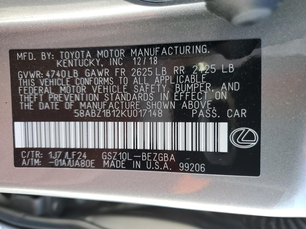 2019 Lexus Es 350 VIN: 58ABZ1B12KU017148 Lot: 52808385