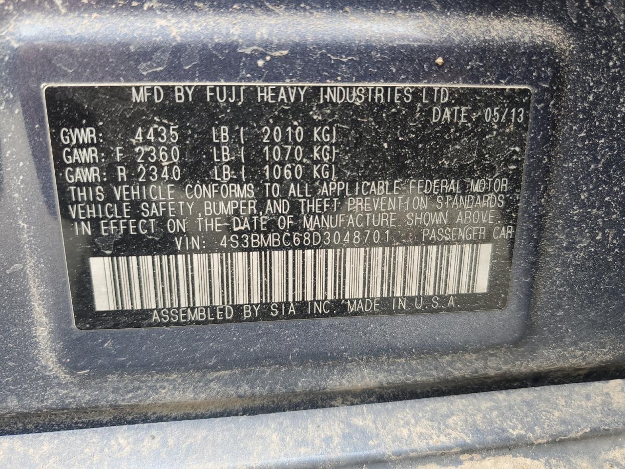 2013 Subaru Legacy VIN: 3048701 Lot: 52293675