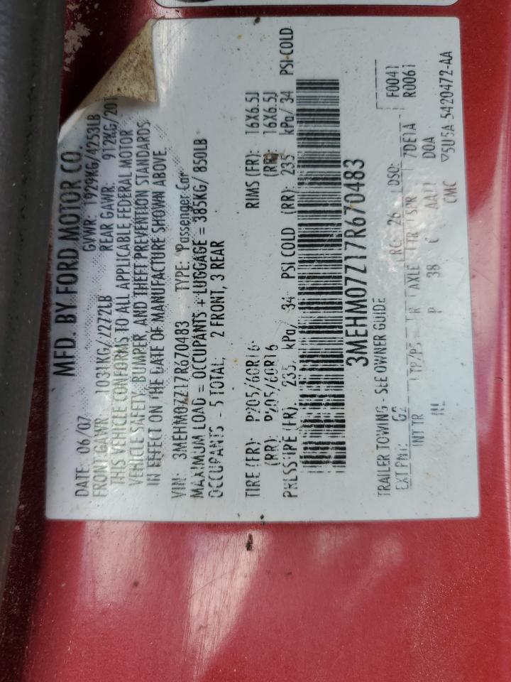 2007 Mercury Milan VIN: 3MEHM07Z17R670483 Lot: 52942355