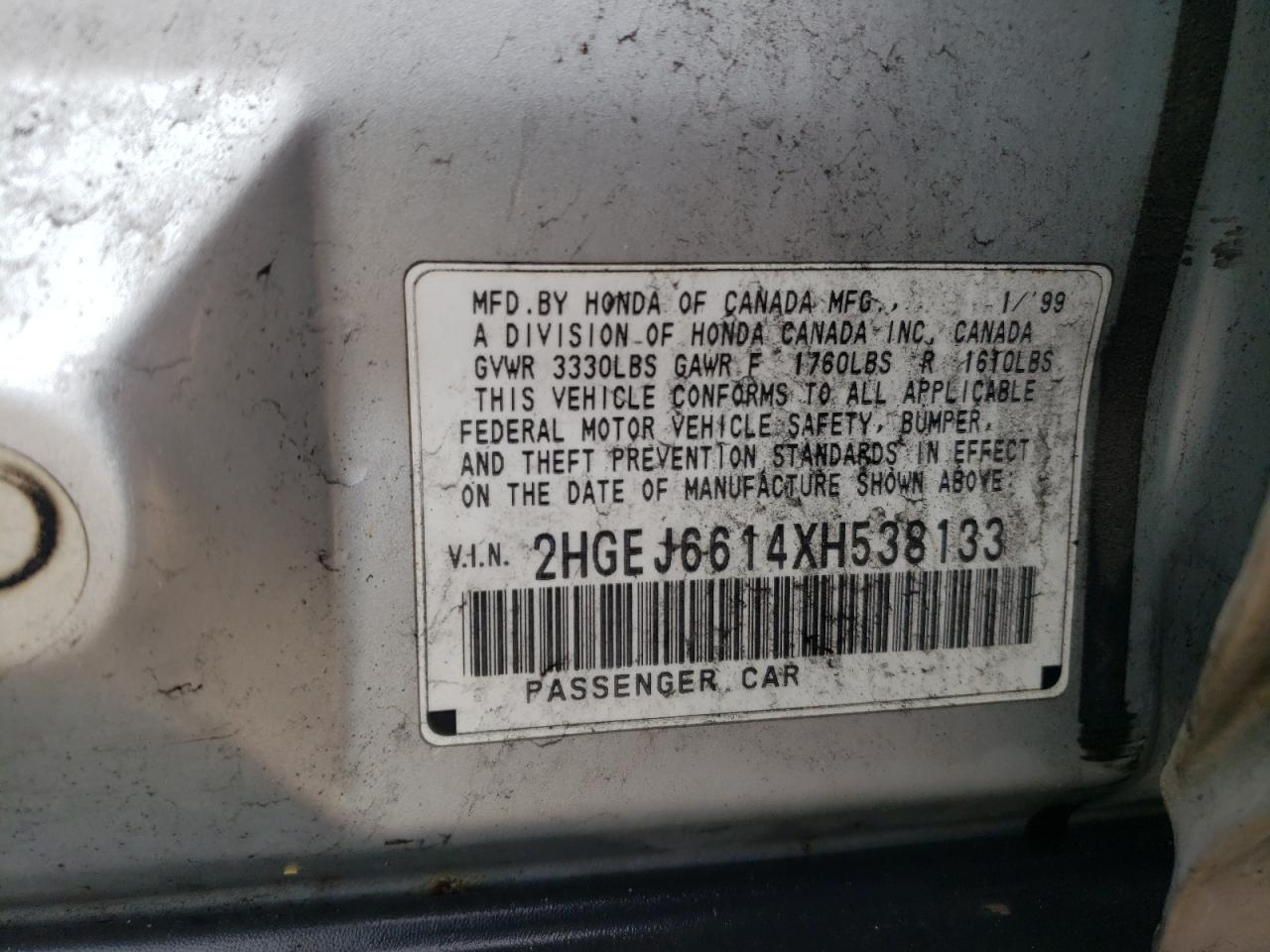 1999 Honda Civic Base VIN: 2HGEJ6614XH538133 Lot: 54073615