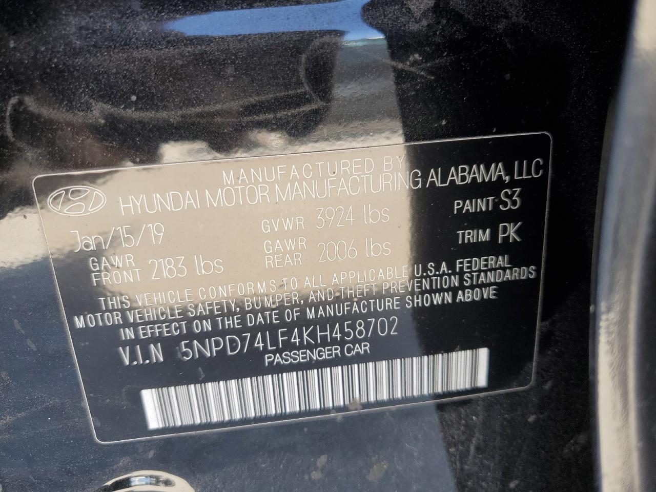 2019 Hyundai Elantra Se VIN: 5NPD74LF4KH458702 Lot: 53166465