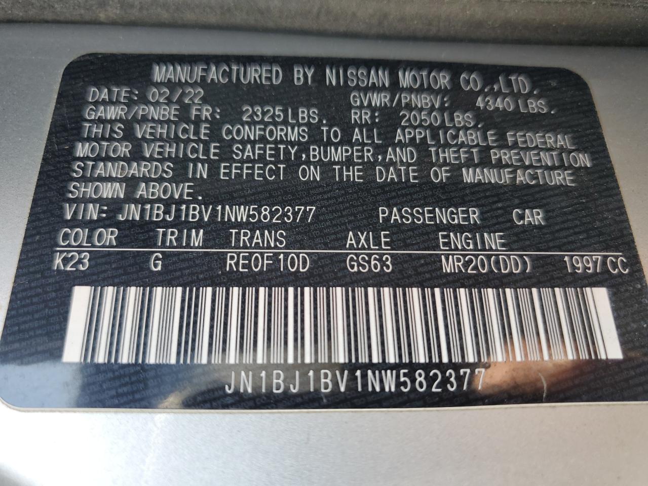 2022 Nissan Rogue Sport Sv VIN: JN1BJ1BV1NW582377 Lot: 54486595