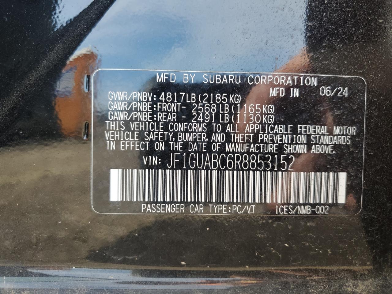 2024 Subaru Impreza VIN: JF1GUABC6R8853152 Lot: 54581645