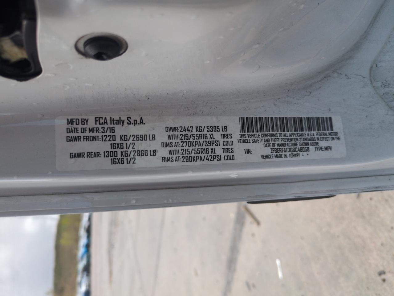 2016 Ram Promaster City VIN: ZFBERFAT3G6C46058 Lot: 54780365