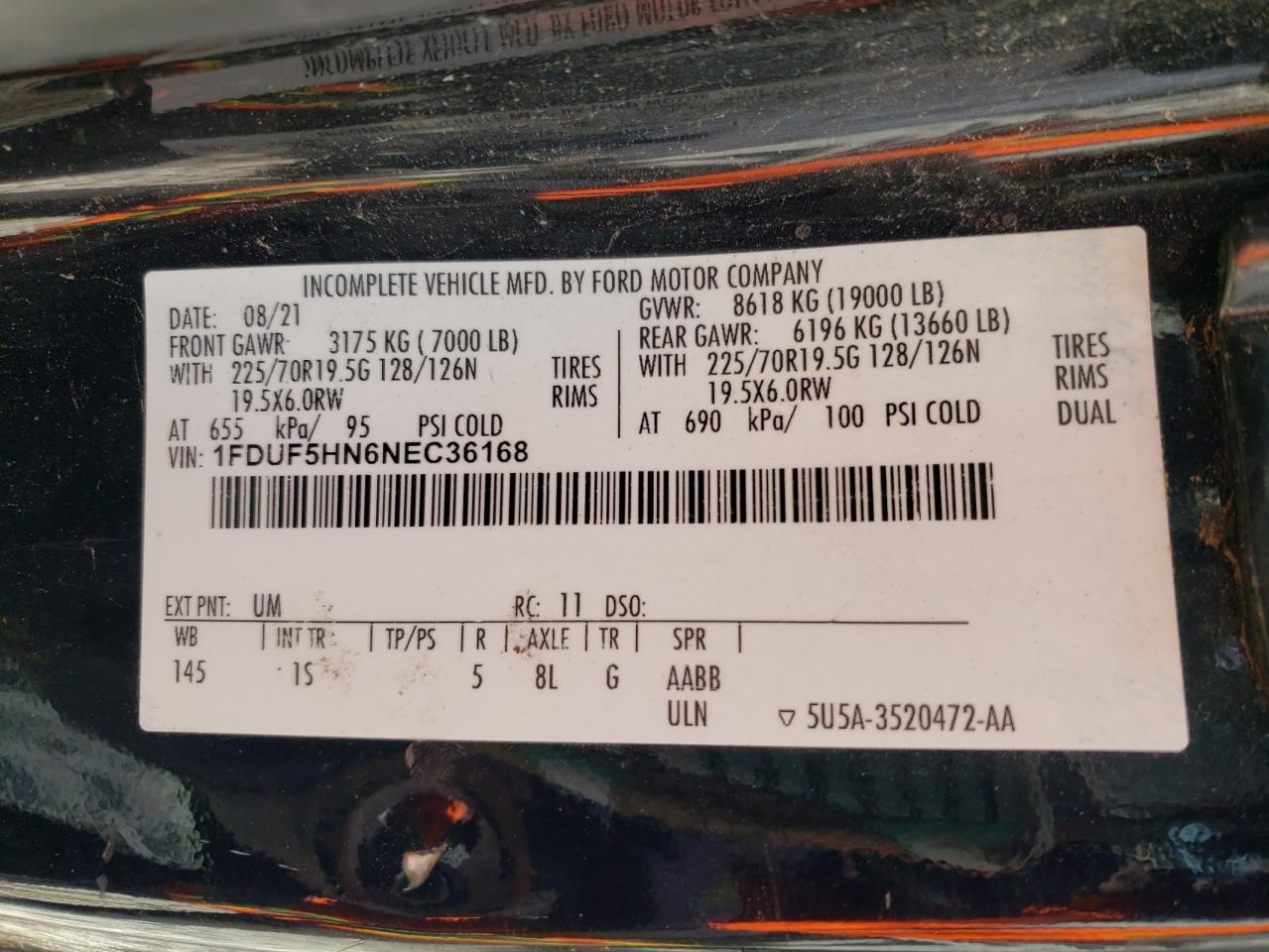 2022 Ford F550 Super Duty VIN: 1FDUF5HN6NEC36168 Lot: 51418135