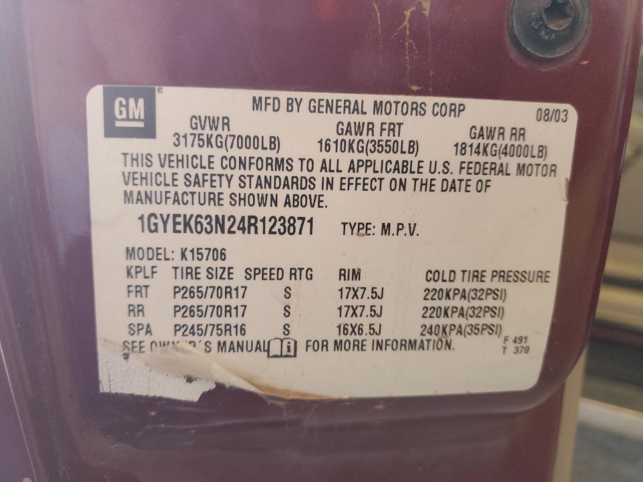 2004 Cadillac Escalade Luxury VIN: 1GYEK63N24R123871 Lot: 52559245