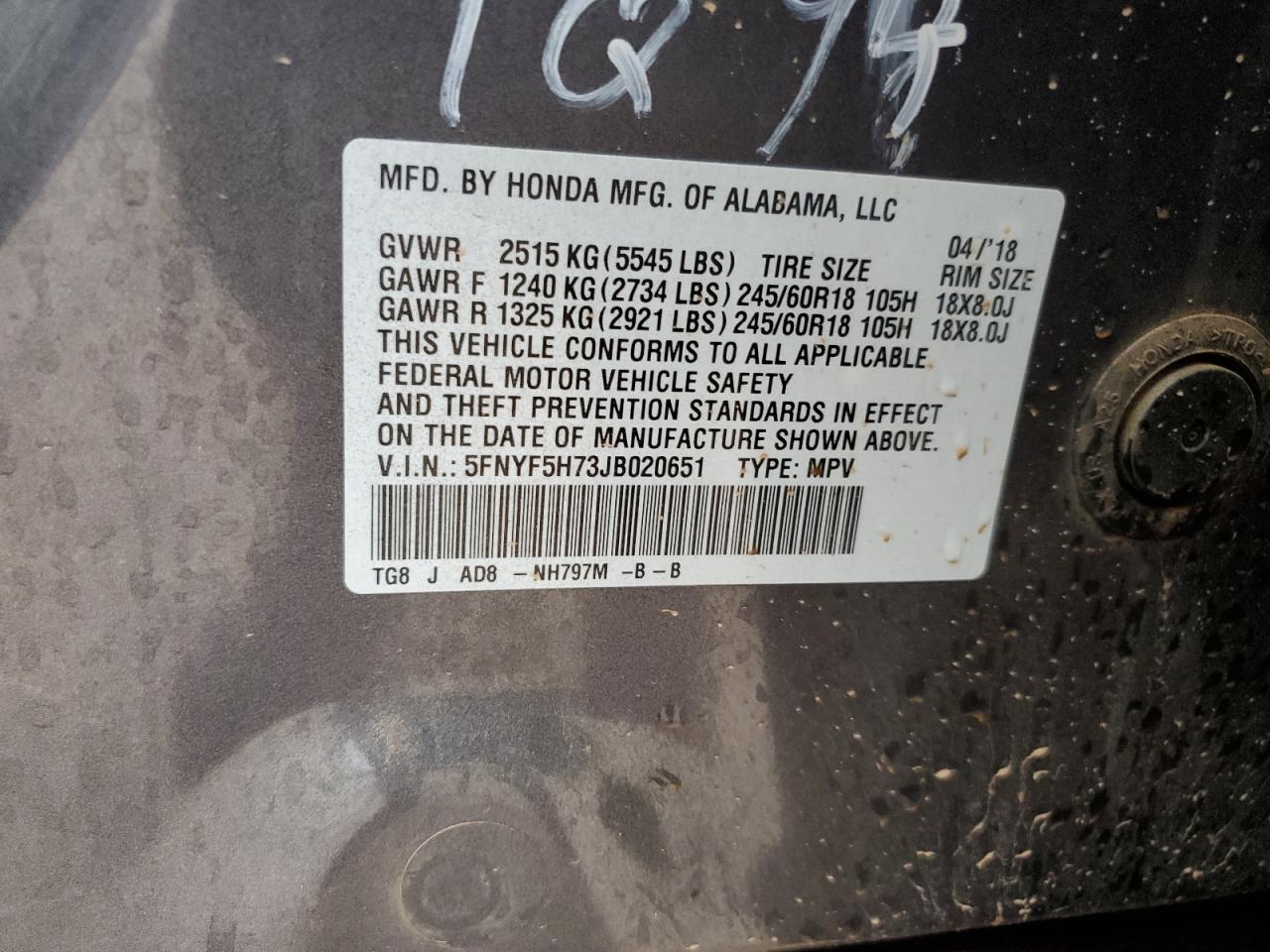 2018 Honda Pilot Exln VIN: 5FNYF5H73JB020651 Lot: 51505225