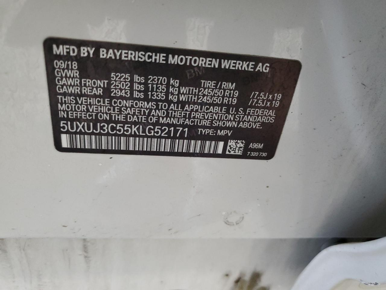 2019 BMW X4 xDrive30I VIN: 5UXUJ3C55KLG52171 Lot: 53265515