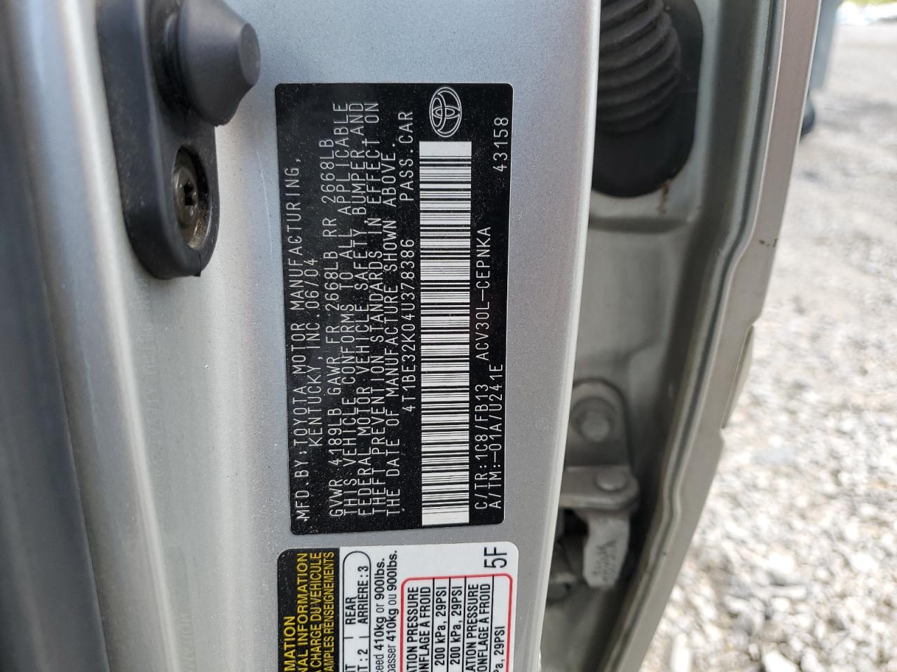 2004 Toyota Camry Le VIN: 4T1BE32K04U378386 Lot: 54169605