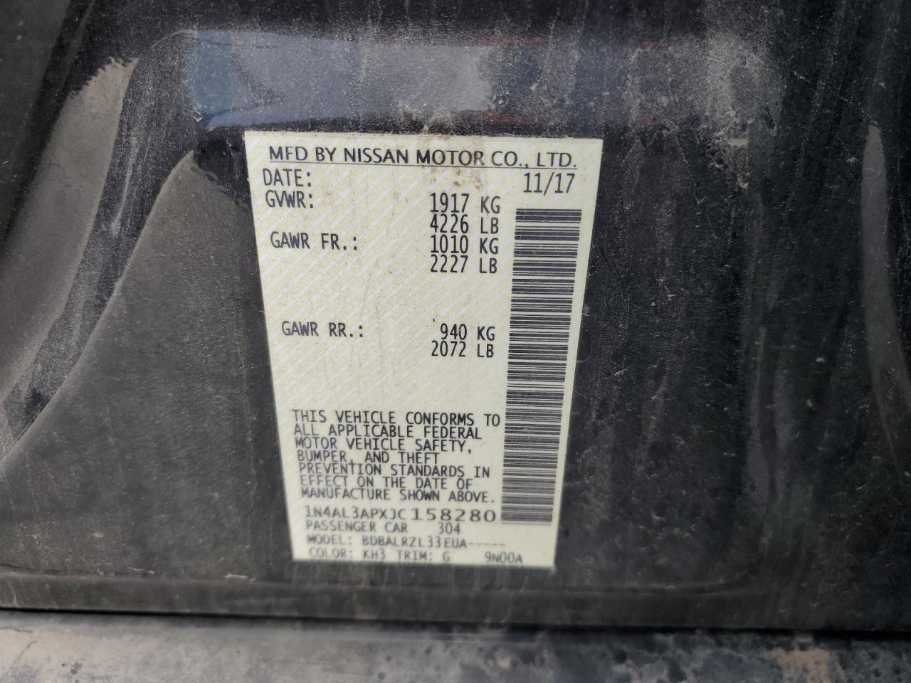 2018 Nissan Altima 2.5 VIN: 1N4AL3APXJC158280 Lot: 50801345