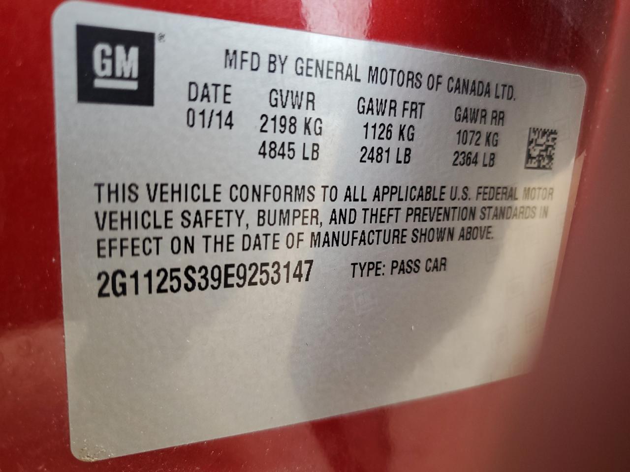 2014 Chevrolet Impala Lt VIN: 2G1125S39E9253147 Lot: 54767185