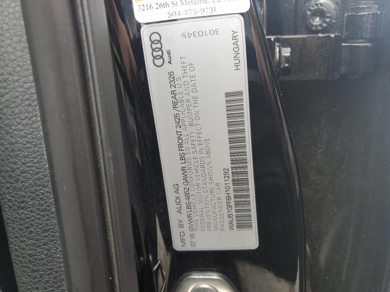 2017 Audi S3 Premium Plus VIN: WAUB1GFF8H1011292 Lot: 54381895