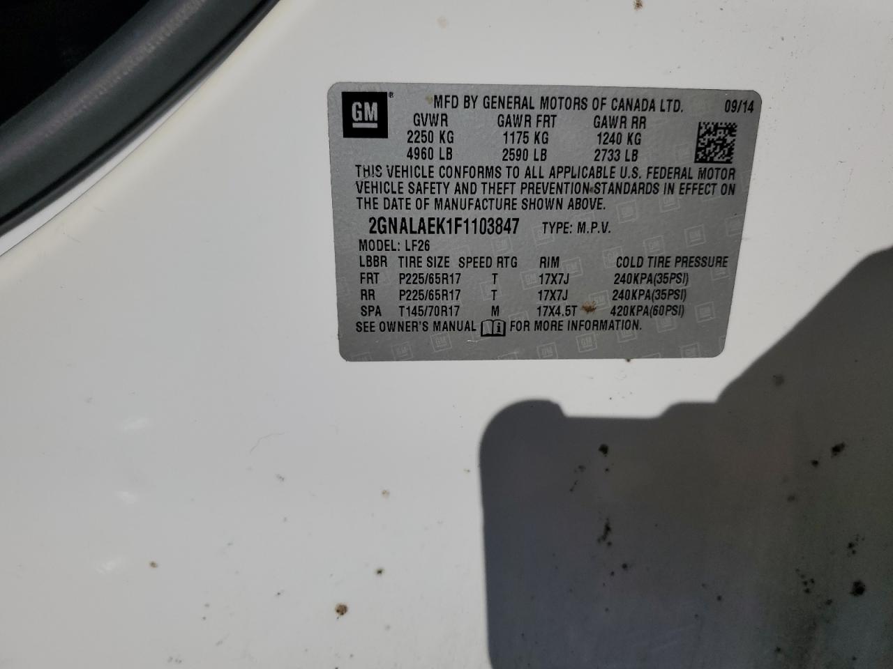 2015 Chevrolet Equinox Ls VIN: 2GNALAEK1F1103847 Lot: 52175795