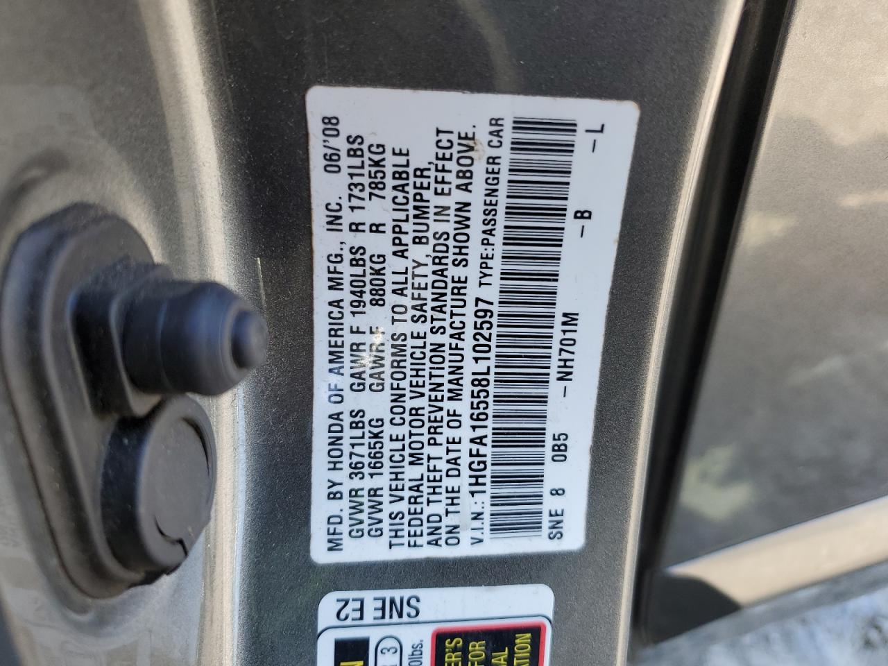 2008 Honda Civic Lx VIN: 1HGFA16558L102597 Lot: 52509465