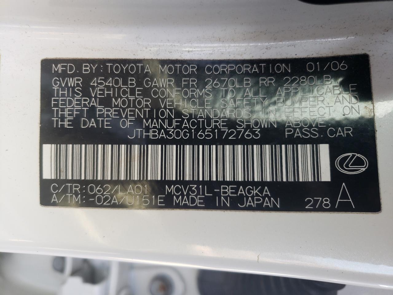 2006 Lexus Es 330 VIN: JTHBA30G165172763 Lot: 52734395